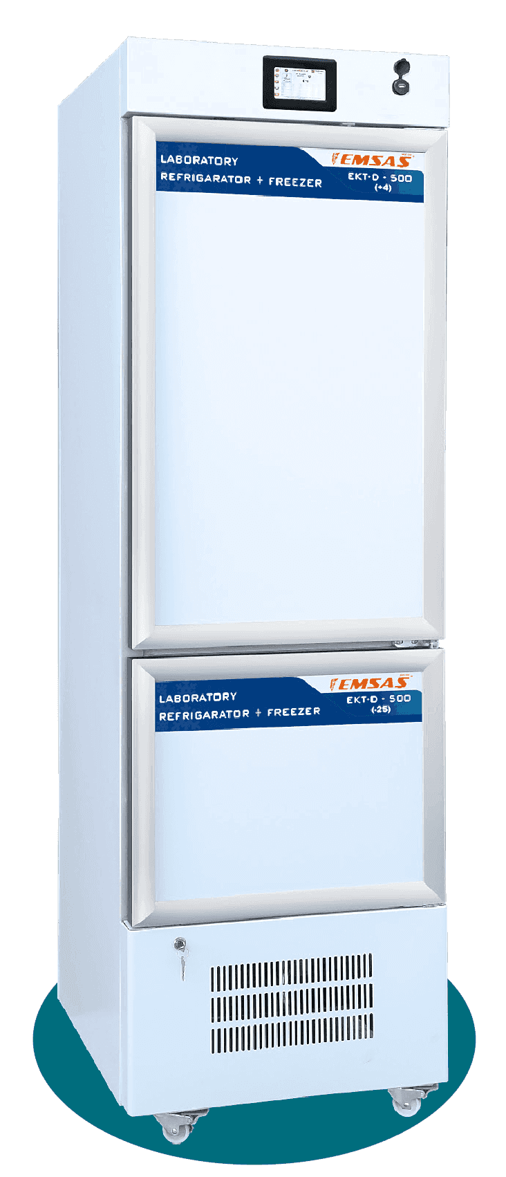 Üst bölmesi 0°C - 15°C arasında çalışan, aşı, serum, ilaç ve kitlerin güvenli saklanmasını sağlayan soğutucu; alt bölmesi -5°C ile -30°C arasında çalışarak dondurulması gereken medikal ürünleri muhafaza eder. Çift bölmeli yapısıyla hastaneler, eczaneler ve laboratuvarlar için ideal bir çözüm sunar. Homojen sıcaklık dağılımı, hassas sıcaklık kontrolü ve geniş depolama kapasitesi ile ilaçların ve aşıların etkinliğini korur.(Üst bölmesi 0°C - 15°C arasında çalışan, aşı, serum, ilaç ve kitlerin güvenli saklanmasını sağlayan soğutucu; alt bölmesi -5°C ile -30°C arasında çalışarak dondurulması gereken medikal ürünleri muhafaza eder. Çift bölmeli yapısıyla hastaneler, eczaneler ve laboratuvarlar için ideal bir çözüm sunar. Homojen sıcaklık dağılımı, hassas sıcaklık kontrolü ve geniş depolama kapasitesi ile ilaçların ve aşıların etkinliğini korur.(Çift kapılı dolaplar, combine aşı dolabı, combine ası dolabı, AŞI DOLABI, aşı dolabı, ası dolabı) EKT-D 500