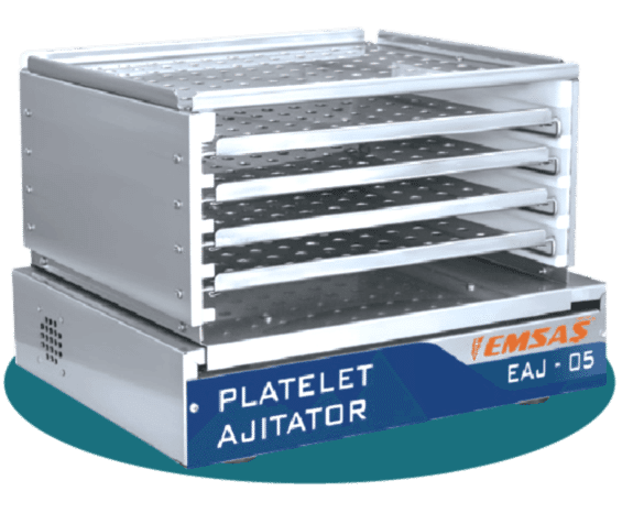 Trombosit ajitatörü – 5 raflı, her rafı 6-12 adet aferez saklama kapasitesine sahip kompakt model. Modern paslanmaz çelik raflar, hava sirkülasyonu sağlar ve derlin malzeme yan kenarlar sayesinde gürültüyü engeller. Dakikada 60 vuruş yaparak düşük ses seviyesinde çalışır.(trombosit Ajitatör), eaj-serisi