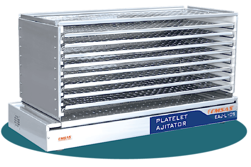 Trombosit ajitatörü – 9 raflı, her rafı 6-12 adet aferez saklama kapasitesine sahip standart model. Paslanmaz çelik raflar, hava sirkülasyonu sağlayarak derlin malzeme yan kenarlarla gürültüyü önler. Dakikada 60 vuruş gerçekleştiren sistem, düşük ses seviyesinde çalışır.(trombosit Ajitatör)