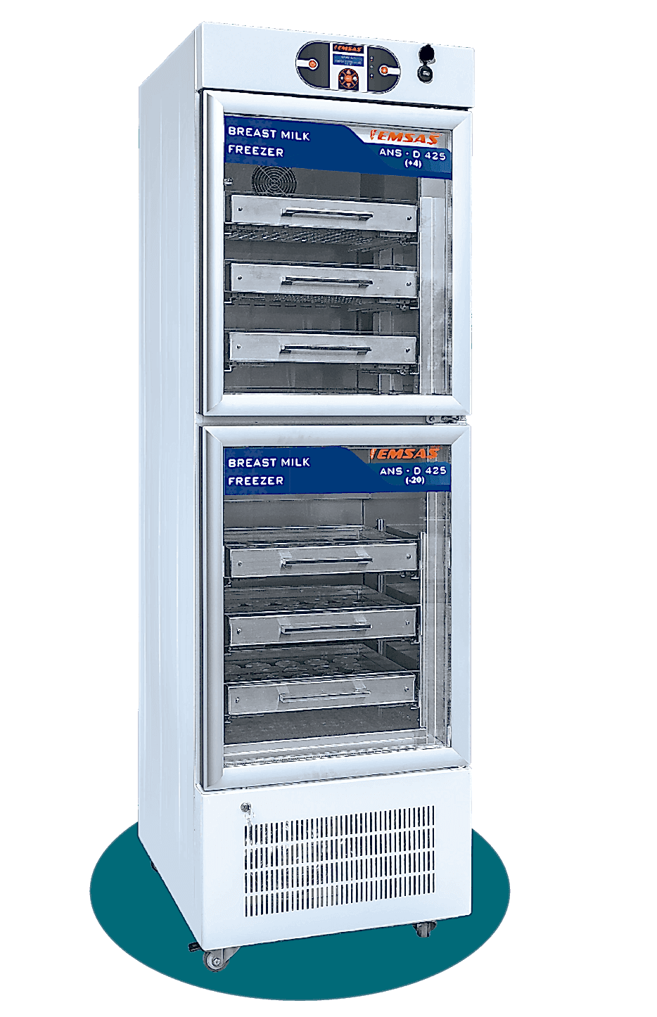 ANS-D 425 Yeni doğan üniteleri ve kadın doğum servisleri için özel olarak tasarlanmış süt bankası. Hem ısıtma hem de soğutma özellikleri sunan model (üst: 2-8°C, alt: -5°C ile -25°C), anne sütünün besin değerini koruyarak güvenli muhafaza ve saklama imkanı sağlar.(ultra low temperature freezer, Anne sütü saklama dolabı) produits pour nouveau-nés