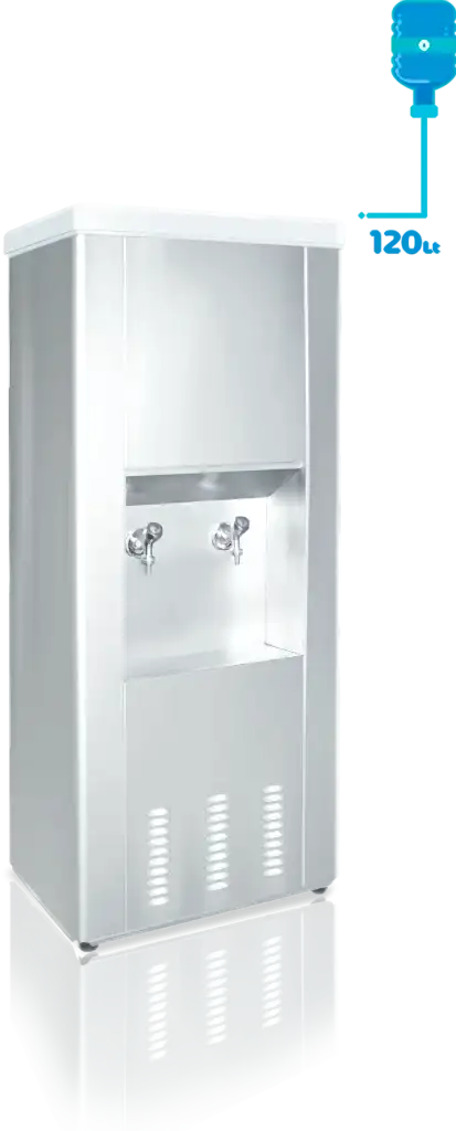 120 litre CR-Ni kaynaklı iç kazana ve dayanıklı dış yüzeye sahip sanayi tipi su sebili. Standart olarak CR-Ni yalaklı, poliüretan izolasyonlu P.S. kapaklı ve enjeksiyon baskılı poliüretan yalıtımla üretilmiştir, böylece ısı kaybı minimum seviyededir. Şebekeye bağlanabilen veya dökme su ile kullanılabilen şamandıralı sistemle donatılmıştır. Manuel termostat ile su sıcaklığı kolayca kontrol edilebilir. Ayarlanabilir rotil ayak sistemi sayesinde montaj kolaydır. Uzun ömürlü çevirmeli musluk sistemi bulunur. Türkiye genelinde yaygın servis ağına sahip olup, 2 yıl garantilidir. ISO 9001 ve CE belgelerine sahiptir.(120 lt su sebili, 120lt sebil, sanayi tipi su sebili, Krom iç hazneli sebil)