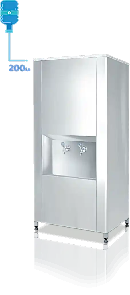 200 litre CR-Ni kaynaklı iç kazanı ve dayanıklı dış yüzeye sahip sanayi tipi su sebili. Standart olarak CR-Ni yalaklı, poliüretan izolasyonlu P.S. kapaklı ve enjeksiyon baskılı poliüretan yalıtımla üretilmiştir, böylece ısı kaybı minimum seviyededir. Şebekeye bağlanabilen veya dökme su ile kullanılabilen şamandıralı sistemle donatılmıştır. Manuel termostat ile su sıcaklığı kolayca kontrol edilebilir. Ayarlanabilir rotil ayak sistemi sayesinde montaj kolaydır. Uzun ömürlü çevirmeli musluk sistemi bulunur. Türkiye genelinde yaygın servis ağına sahip olup, 2 yıl garantilidir. ISO 9001 ve CE belgelerine sahiptir.(sanayi tipi su sebili, Krom iç hazneli sebil, 200lt sebil)