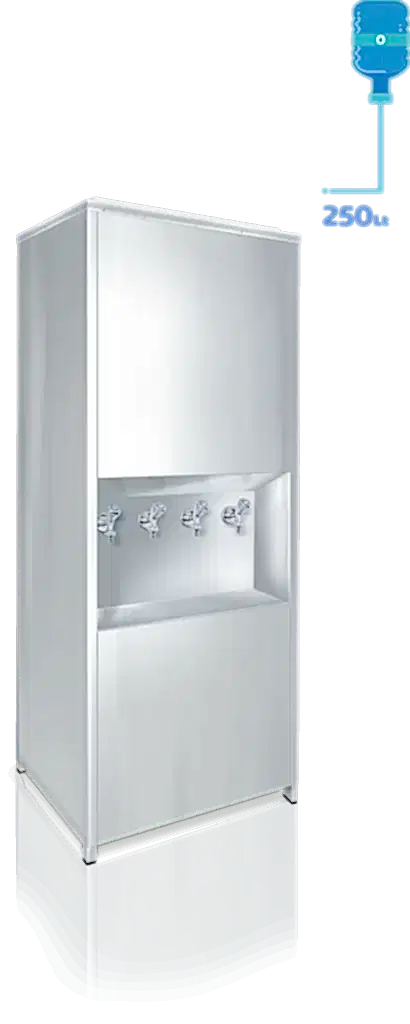 250 litre CR-Ni kaynaklı iç kazana ve dayanıklı dış yüzeye sahip sanayi tipi su sebili. Standart olarak CR-Ni yalaklı, poliüretan izolasyonlu P.S. kapaklı ve enjeksiyon baskılı poliüretan yalıtımla üretilmiştir, böylece ısı kaybı minimum seviyededir. Şebekeye bağlanabilen veya dökme su ile kullanılabilen şamandıralı sistemle donatılmıştır. Manuel termostat ile su sıcaklığı kolayca kontrol edilebilir. Ayarlanabilir rotil ayak sistemi sayesinde montaj kolaydır. Uzun ömürlü çevirmeli musluk sistemi bulunur. Türkiye genelinde yaygın servis ağına sahip olup, 2 yıl garantilidir. ISO 9001 ve CE belgelerine sahiptir.(250lt sebil, sanayi tipi su sebili, 4 musluklu)