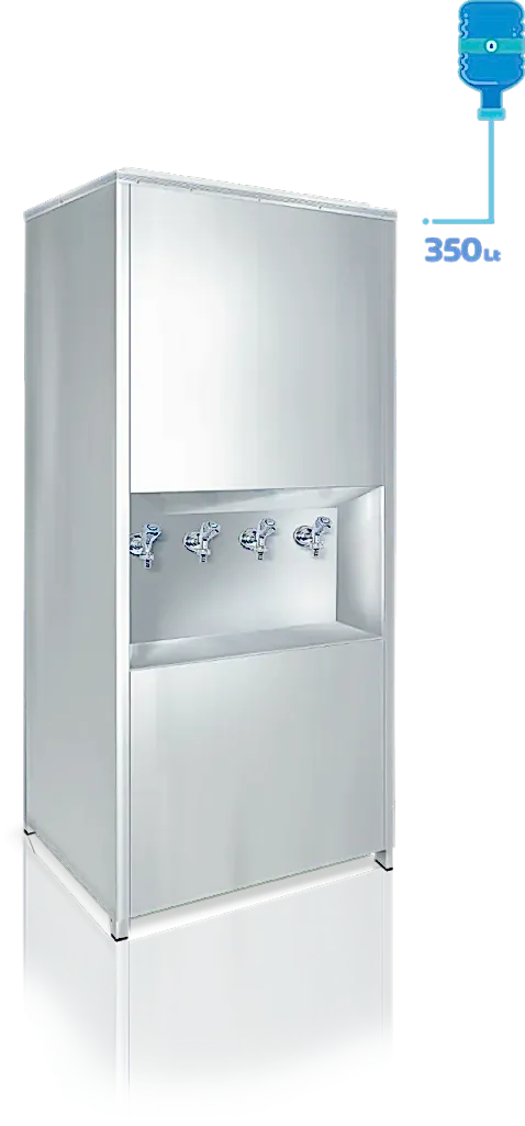 350 litre CR-Ni kaynaklı iç kazanı ve dayanıklı dış yüzeye sahip sanayi tipi su sebili. Standart olarak CR-Ni yalaklı, poliüretan izolasyonlu P.S. kapaklı ve enjeksiyon baskılı poliüretan yalıtımla üretilmiştir, böylece ısı kaybı minimum seviyededir. Şebekeye bağlanabilen veya dökme su ile kullanılabilen şamandıralı sistemle donatılmıştır. Manuel termostat ile su sıcaklığı kolayca kontrol edilebilir. Ayarlanabilir rotil ayak sistemi sayesinde montaj kolaydır. Uzun ömürlü çevirmeli musluk sistemi bulunur. Türkiye genelinde yaygın servis ağına sahip olup, 2 yıl garantilidir. ISO 9001 ve CE belgelerine sahiptir.(sanayi tipi su sebili, Krom iç hazneli sebil)