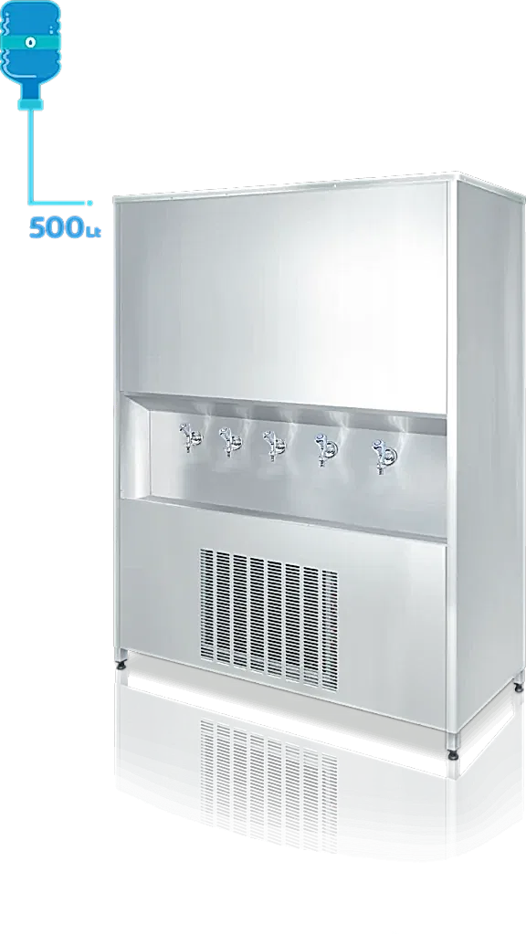 500 litre CR-Ni kaynaklı iç kazanı ve dayanıklı dış yüzeye sahip sanayi tipi su sebili. Standart olarak CR-Ni yalaklı, poliüretan izolasyonlu P.S. kapaklı ve enjeksiyon baskılı poliüretan yalıtımla üretilmiştir, böylece ısı kaybı minimum seviyededir. Şebekeye bağlanabilen veya dökme su ile kullanılabilen şamandıralı sistemle donatılmıştır. Manuel termostat ile su sıcaklığı kolayca kontrol edilebilir. Ayarlanabilir rotil ayak sistemi sayesinde montaj kolaydır. Uzun ömürlü çevirmeli musluk sistemi bulunur. Türkiye genelinde yaygın servis ağına sahip olup, 2 yıl garantilidir. ISO 9001 ve CE belgelerine sahiptir.(sanayi tipi su sebili, Krom iç hazneli sebil, 500lt sebil)